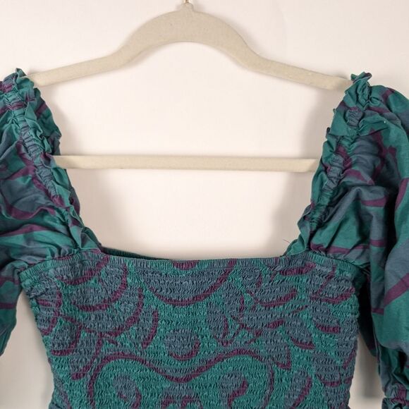 Porridge Smocked Peasant Top Teal Purple Leaf Print Cotton – Women’s M - Picture 5 of 11